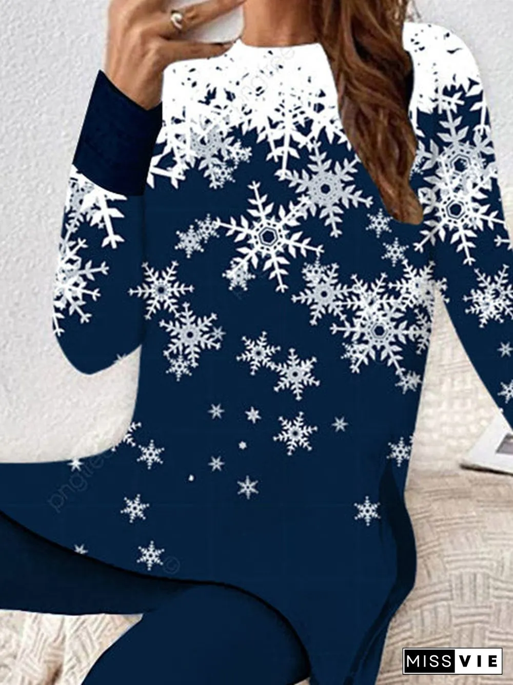 Women Casual Long Sleeve Round Neck Graphic Printed Two-Piece Set