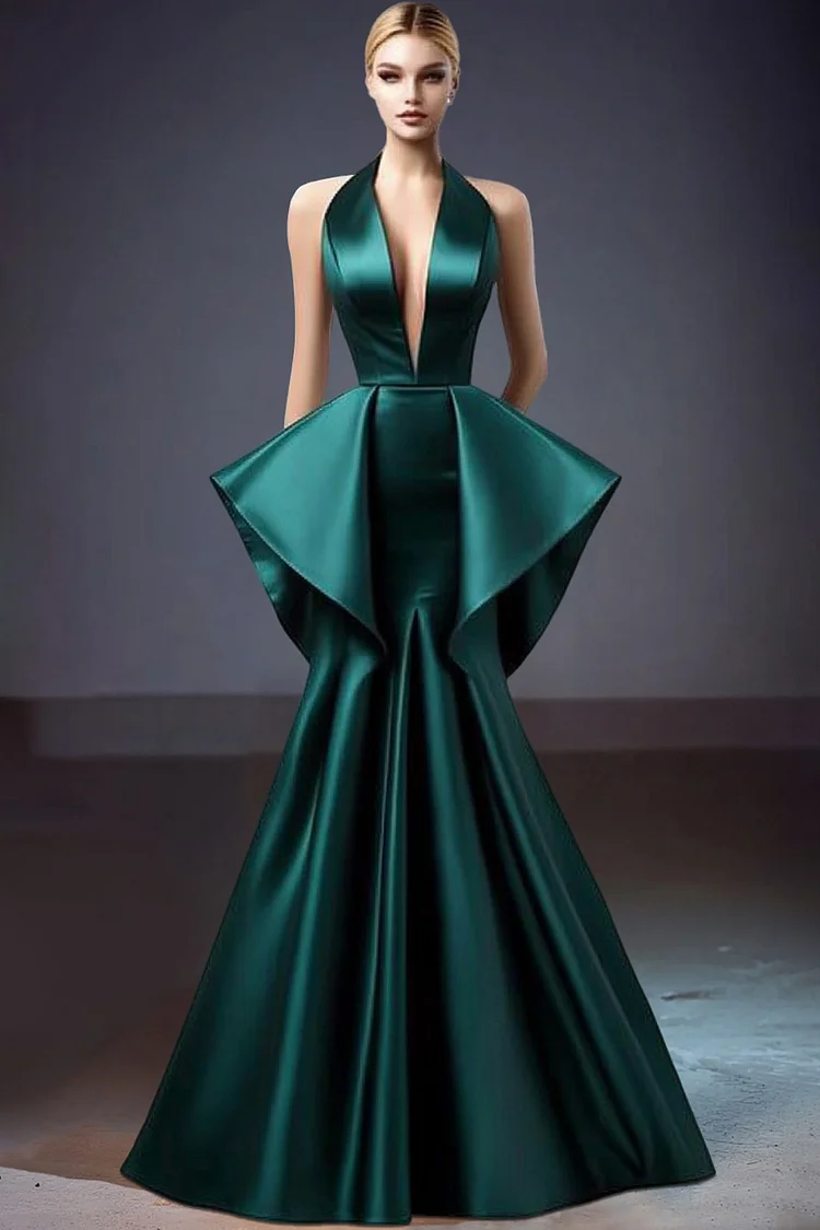 Halter Collar Layered Fishtail Maxi Dress-Dark Green [Custom-Made]