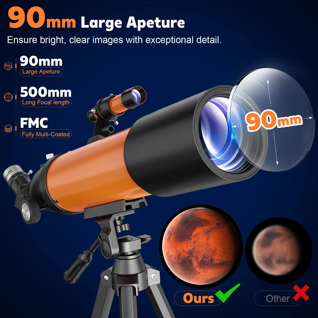BEBANG Telescope for Adults High Powered, 90mm Aperture 500mm, AZ Mount FMC, Refractor Astronomy Telescopes for Planets Stars