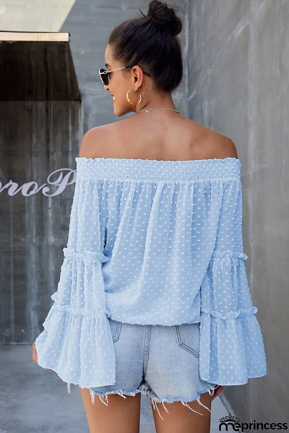 Sky Blue Swiss Dot Off The Shoulder Bell Sleeve Blouse