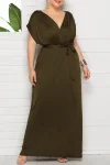 Plus Size Elegant Lace Up Solid Deep V Neck Maxi Dress