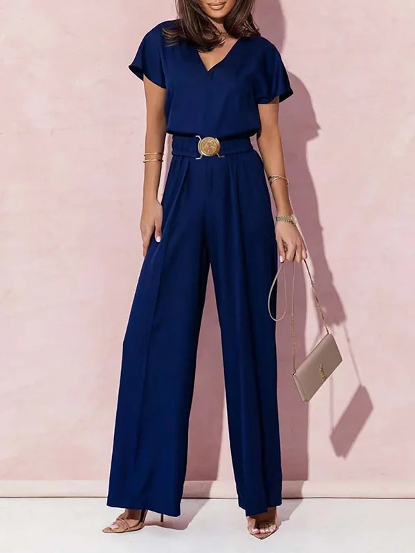 Belted Pleated High Waisted Loose V-Neck Jumpsuits