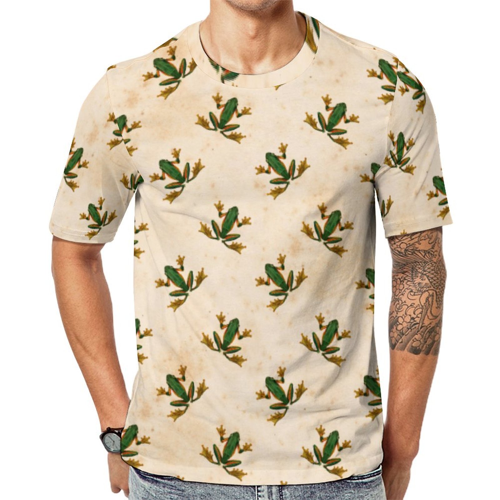 Green Frog On Khaki Short Sleeve Print Unisex Tshirt Summer Casual Tees for Men and Women Coolcoshirts