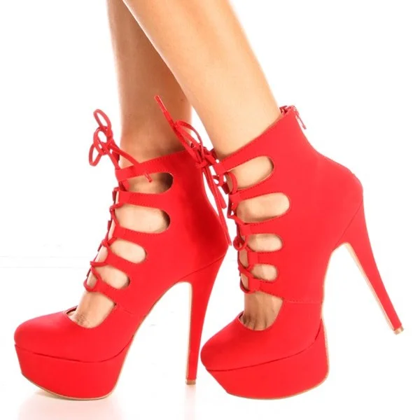 Red Suede Lace-up Summer Boots Platform Stiletto Heel Ankle Boots Vdcoo