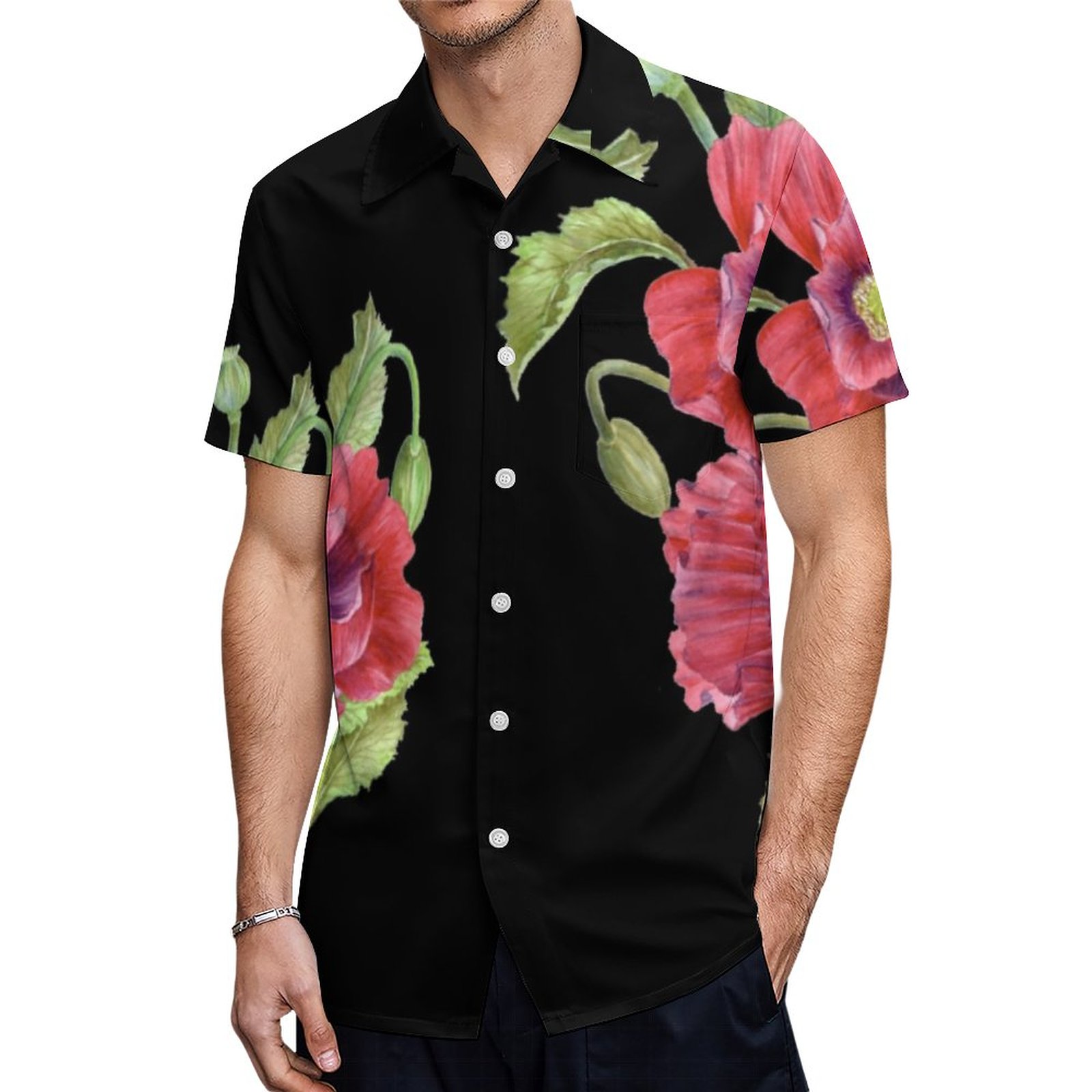 Red Poppies Floral Illustration Black Background Hawaiian Shirt Mens Button Down Tropical Hawaii Beach Shirts