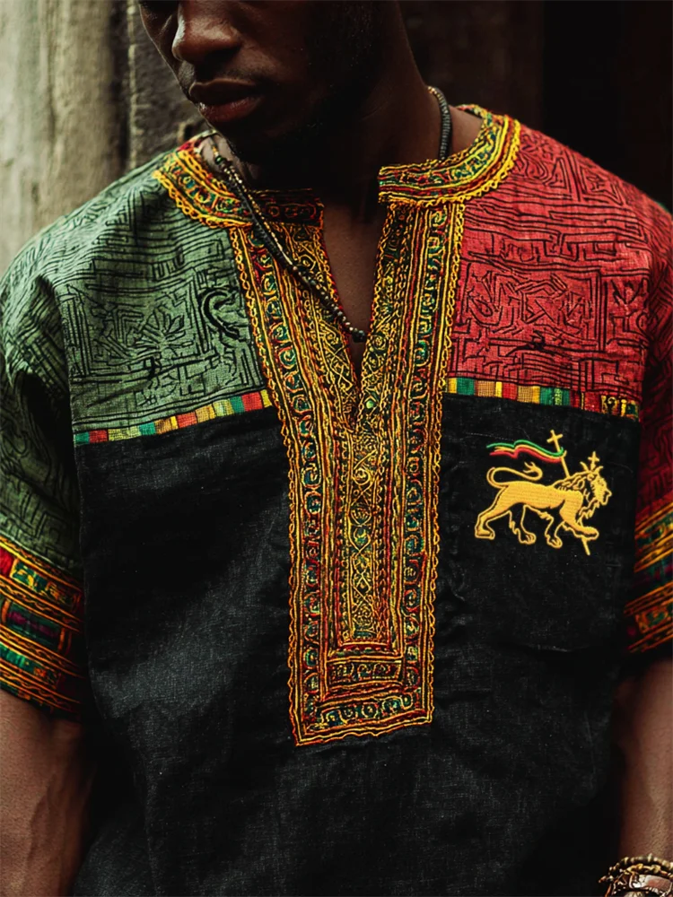 VChics Men's Rasta Lion Embroidered Ethnic Reggae Colorblock Linen Shirt