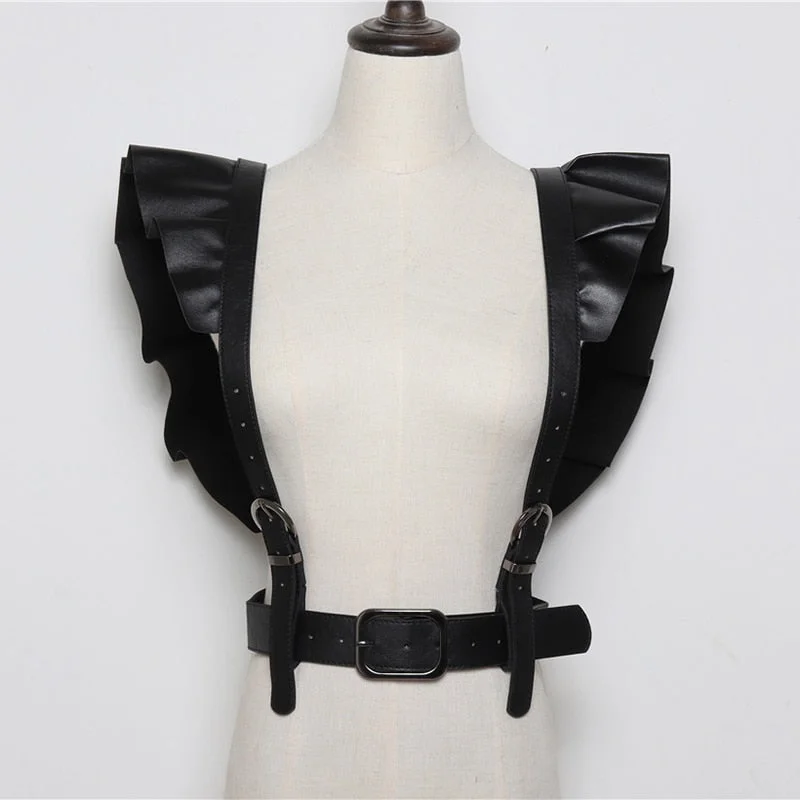 [EAM]  Pu Leather Black Buckle Ruffles Split Joint Wide Belt Personality Women New Fashion Tide All-match Spring 2021 1S544