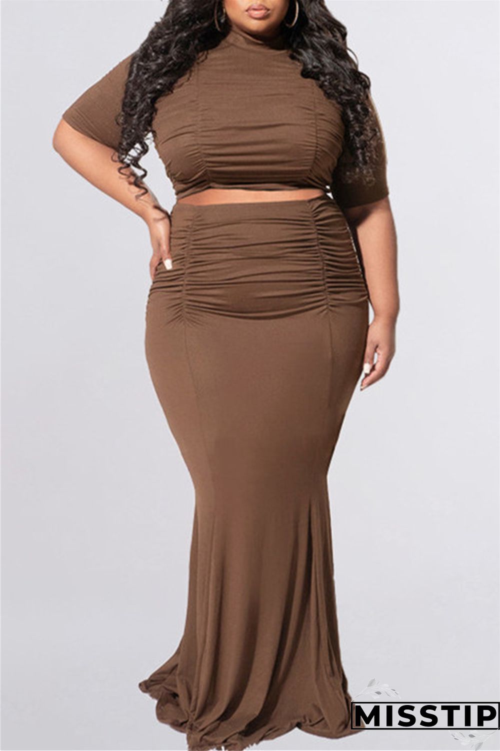 Dark Gray Fashion Casual Solid Fold O Neck Plus Size Two Pieces