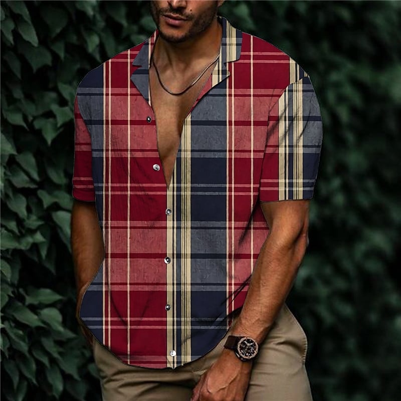 men's shirt print plaid turndown street casual button-down print short sleeve tops casual fashion designer breathable wine