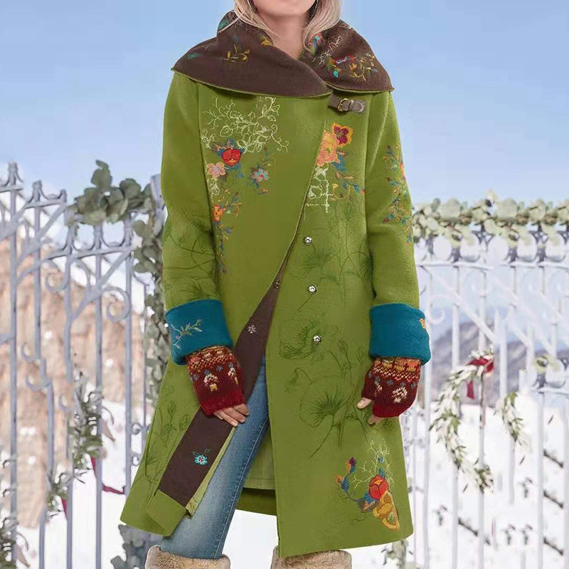 Fashion Warm Wool Vintage Print Hooded Lapel Fleece Casual Coats