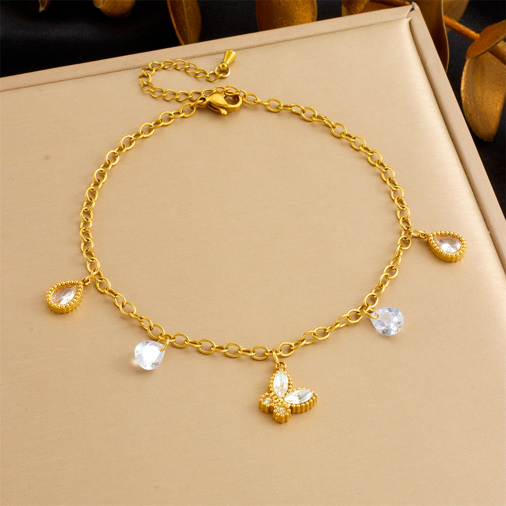 Fashion Beach Style Versatile Simple Colorful Geometric Glass Rhinestone Butterfly Love Accessories Chain Anklet