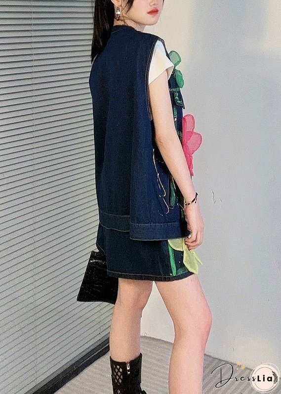 Unique Blue O Neck Zircon Floral Denim Women Sets 2 Pieces Summer