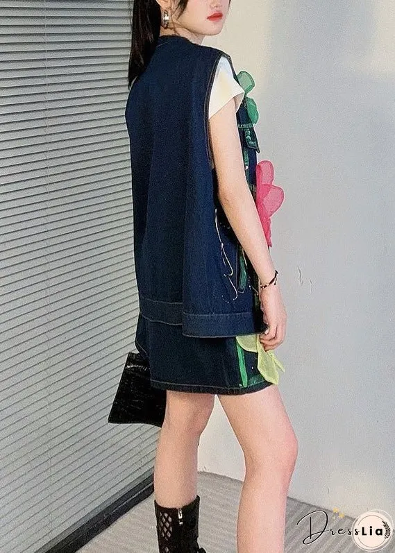 Unique Blue O Neck Zircon Floral Denim Women Sets 2 Pieces Summer