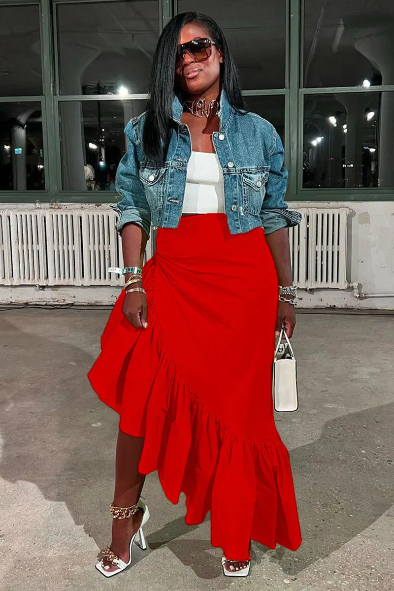Random Spot Print Asymmetric Frill Hem Soft Touch Midi Skirt