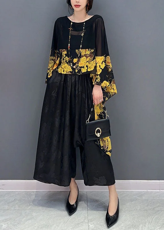 Yellow Print Patchwork Chiffon Top Asymmetrical Batwing Sleeve