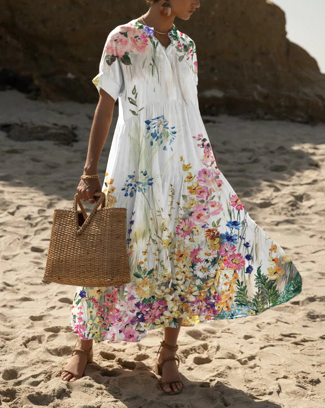 Women's Short Sleeve Beach Resort Floral Print Dress Large Hem Long Skirt socialshop