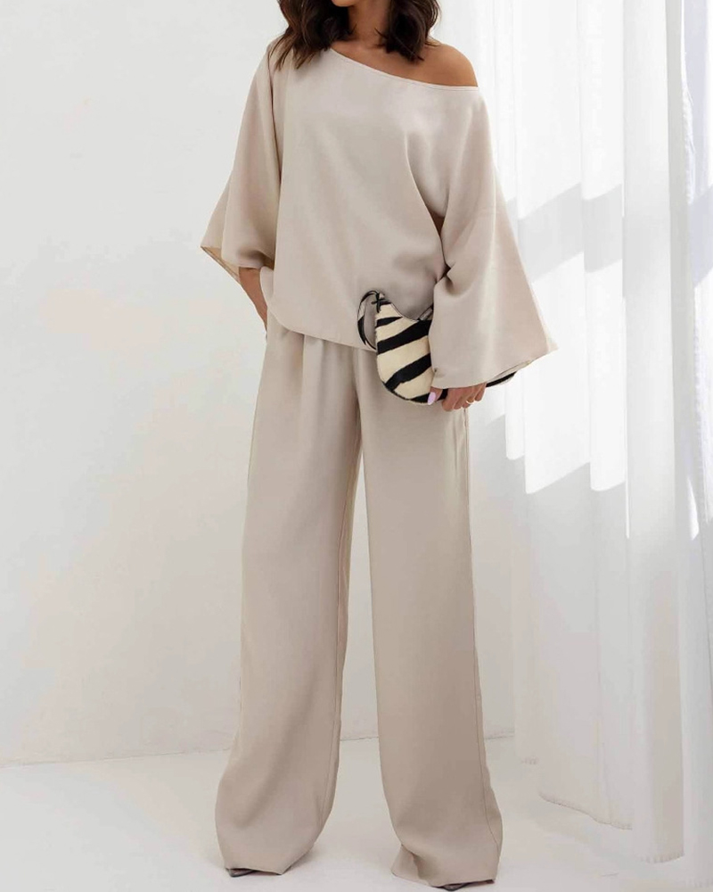 Off Shoulder Batwing Sleeve Top & Wide Leg Pants Set