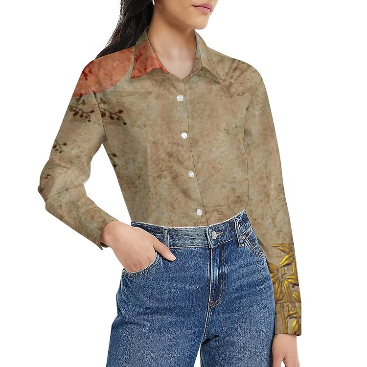 Women S-5XL Pillows Asian Rustic Gold Red Bamboo Blossom Long Sleeve Button Down Blouses Lady Dressy Casual Office Tops - Heather Prints Shirts