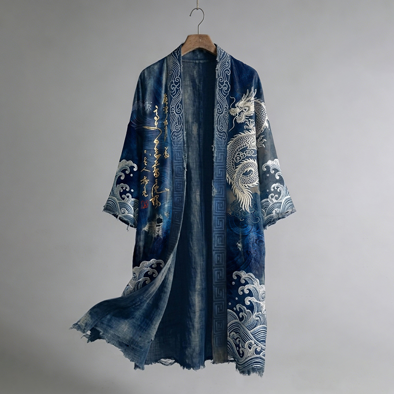 Men's Retro Dragon Waves Calligraphy Print Long Kimono elevenforest