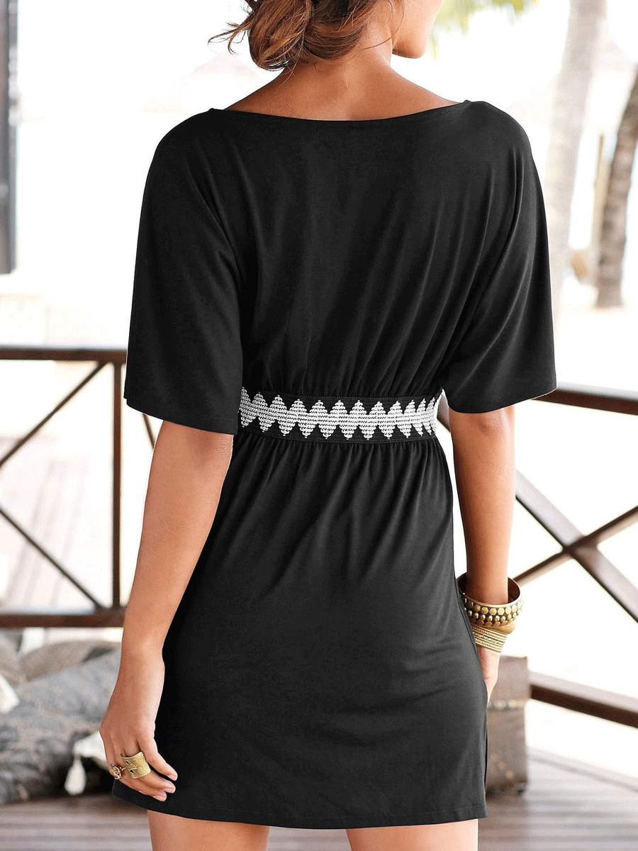 Deep V-neck contrast waist band loose shoulder dress