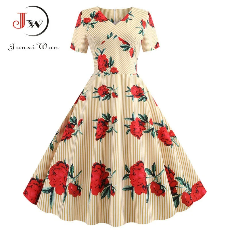 Plaid Print Short Sleeve Summer Vintage Dress Women 2022 Casual V neck Elegant Slim Office Party vestidos Robe Femme