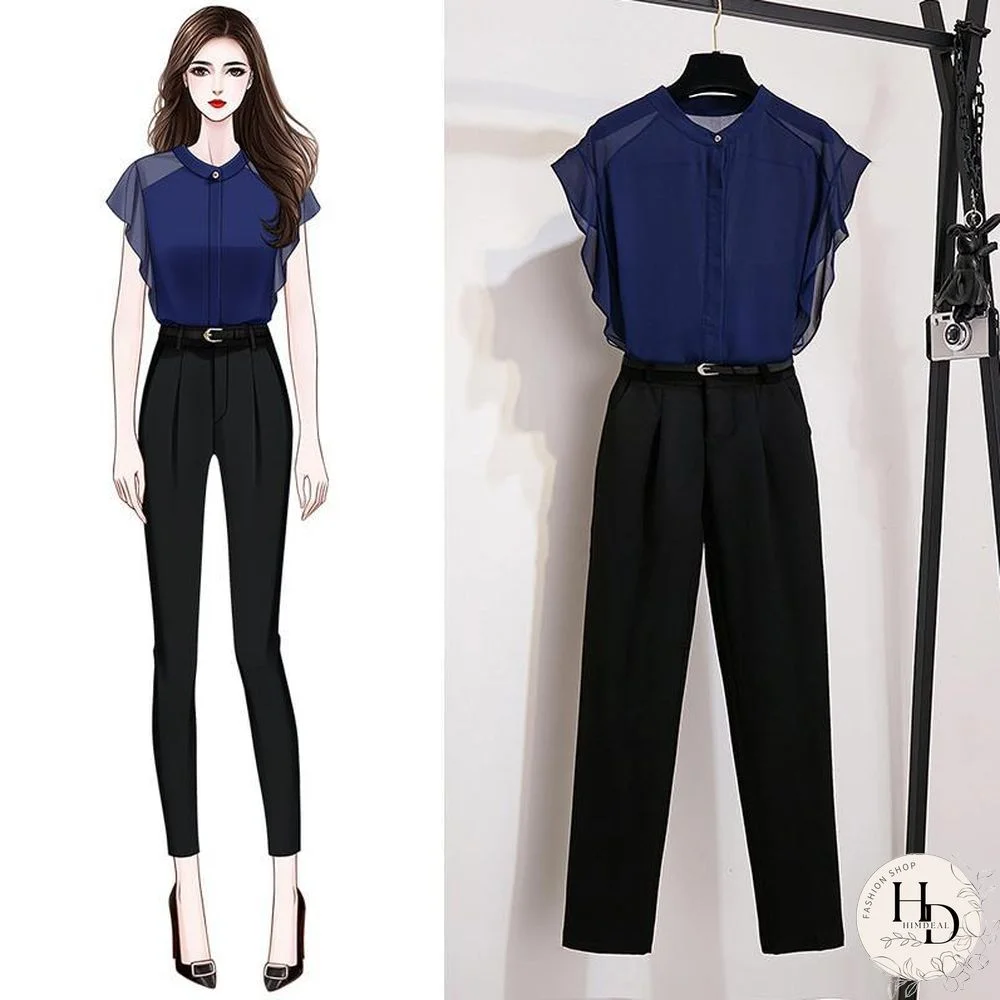 Chic Chiffon Blouse + High Waist Pants P10740