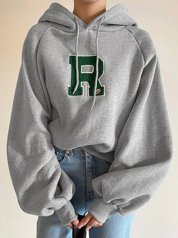 Pure color plus velvet drawstring letter embroidery lantern sleeve women's hooded sweater QueenFunky