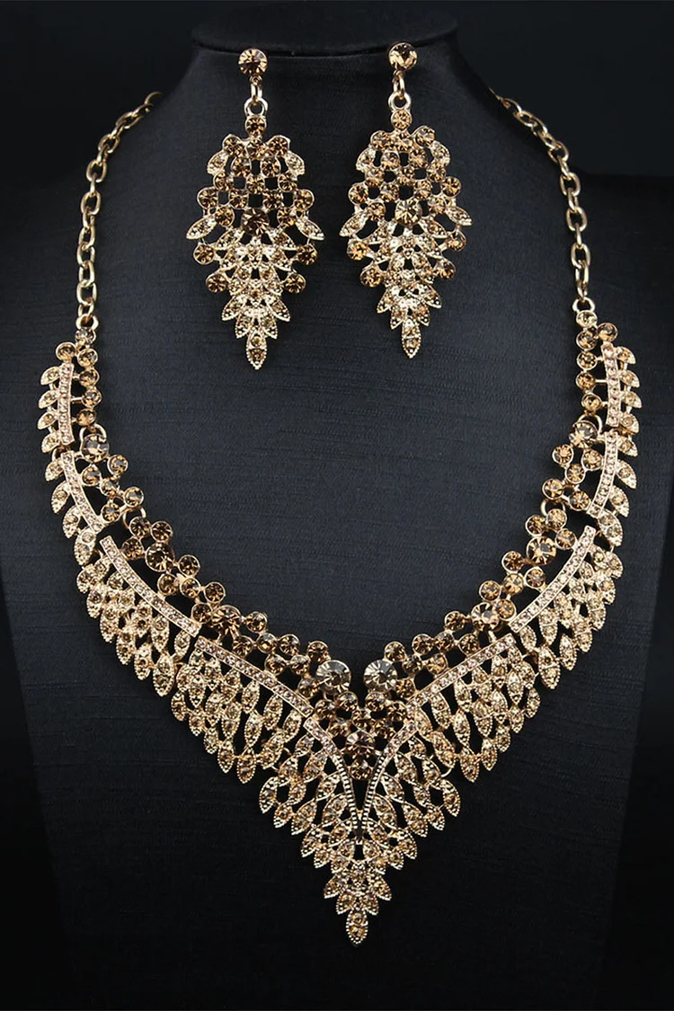 Luxury Champagne Rhinestone Necklace Earrings Two Piece Jewelry Set
