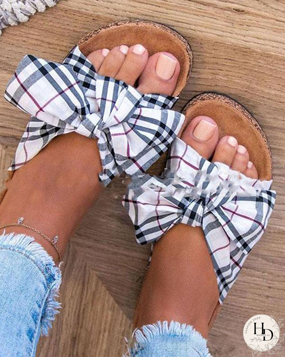Round-toe Plaid Splicing Bow Platform Flat Slippers
