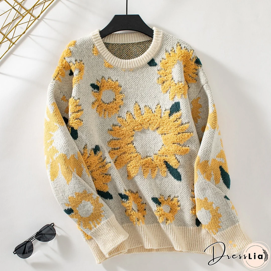 Women's Towel Embroidery Round Neck Long Sleeve Sweaters