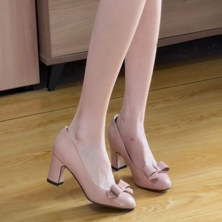 Breakj Breakj New Coarse Round Bow High Heels Bare Pink Gentle White 6 Cm Mary Jane Women's Shoes