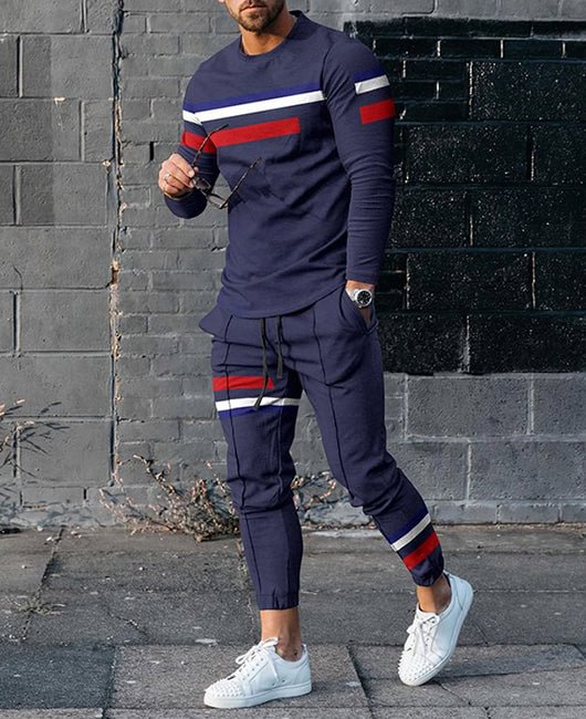 Men Striped Print Casual Crew Neck Shirt & Drawstring Pants