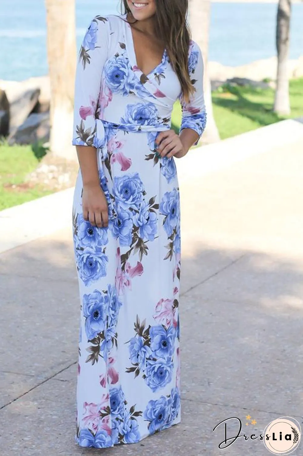 Mixed Color Flower Printed V Neck Maxi Dress