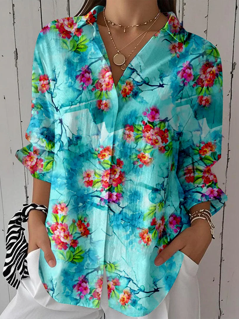 Women 3/4 Sleeve Shirt Collar Floral Printed Graphic Button Tops