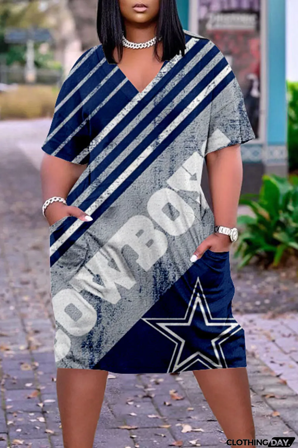 Blue White Casual Print Patchwork V Neck Straight Dresses