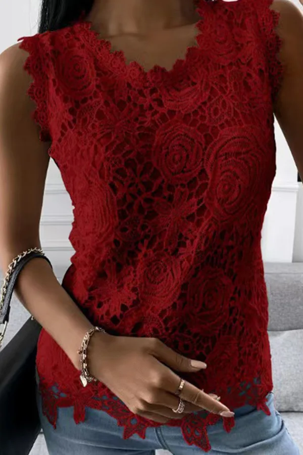 Solid Color Hollow Out Lace Slim Tank Top