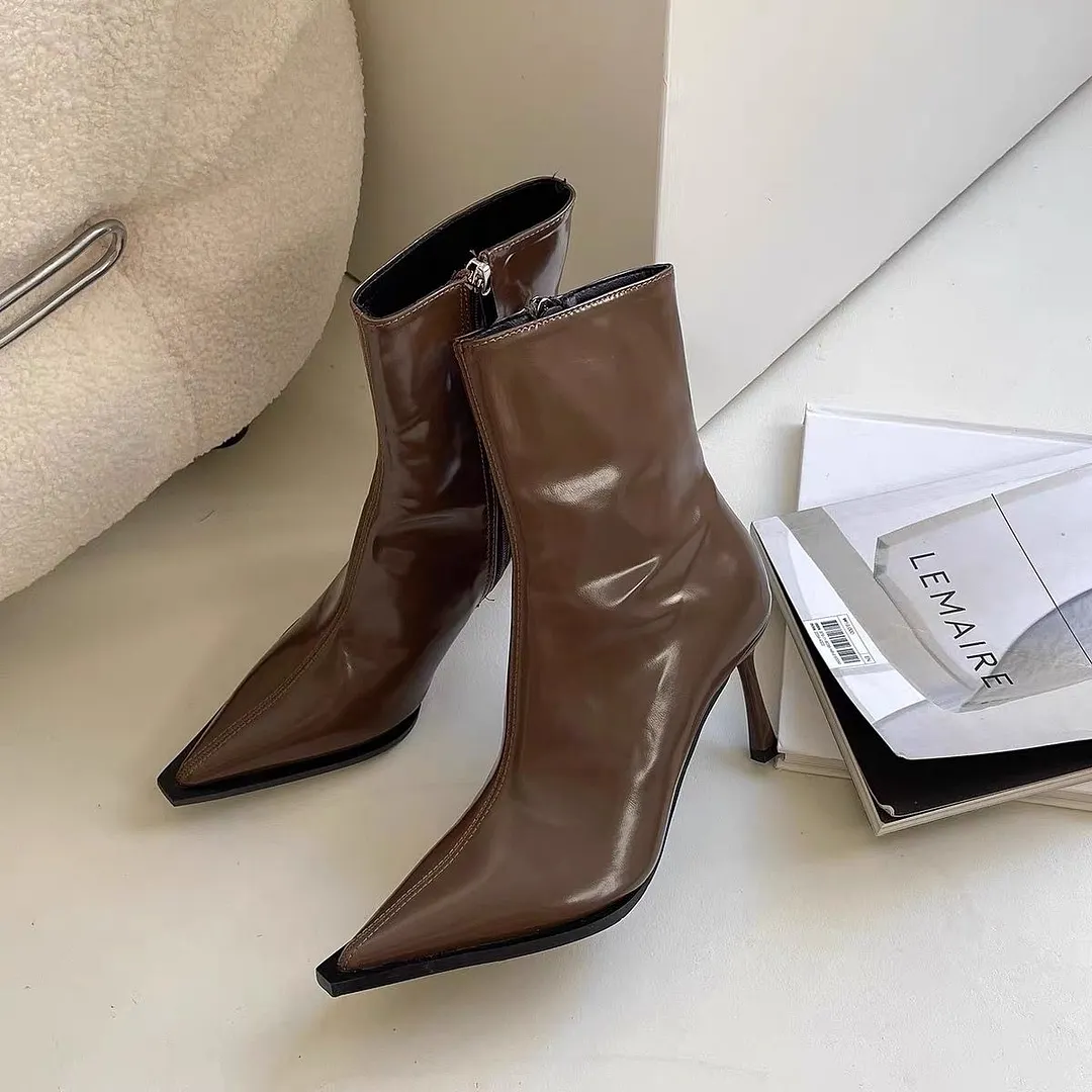 Breakj Breakj Autumn Sharp Leather Fashion Thin Short Boots Women's Side Zipper Fine And High And Thin Boots Naked Boots