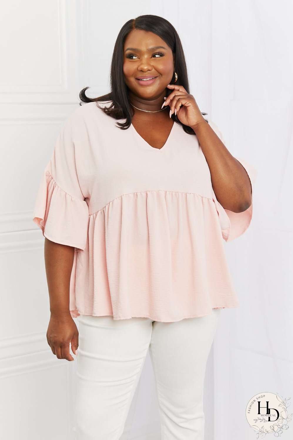 Celeste Look At Me Full Size Flowy Ruffle Sleeve Top in Pink