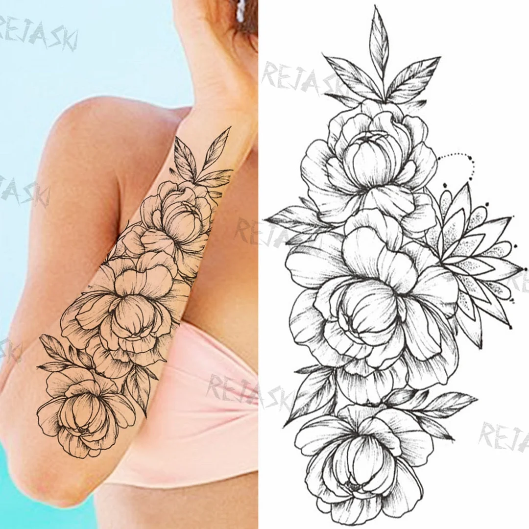 Sexy Snake Flower Fake Temporary Tattoo For Women Black Sunflower Tattoos Bloosom Big Daisy Camellia Water Transfer Tatoos Legs