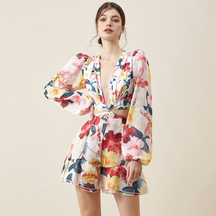 Plunge Long Sleeve Cutout Floral Print One Piece Swimsuit and Shorts Flaxmaker