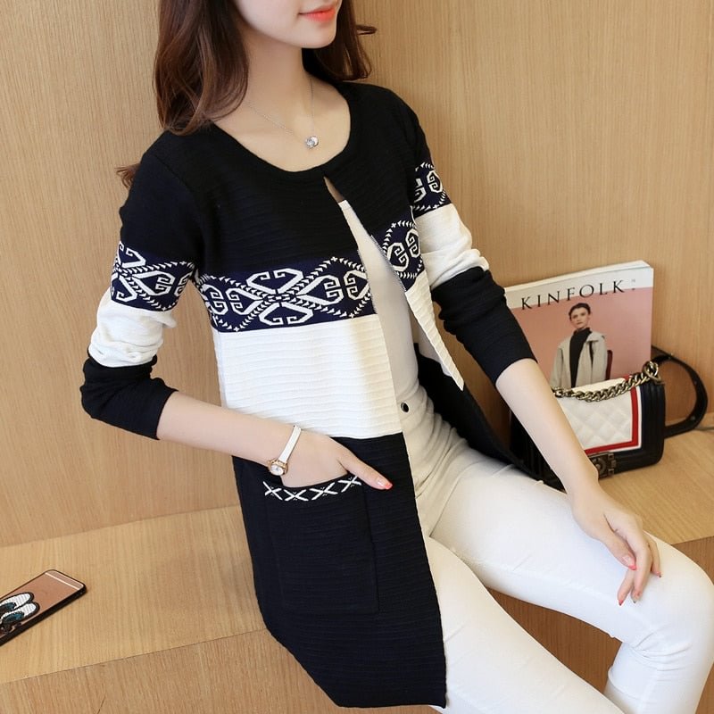 2021 Autumn Winter Casual Sweaters Women Print Long Cardigan Women Knitted Sweater Women Fashion Plus Size Womens Sweaters 7479