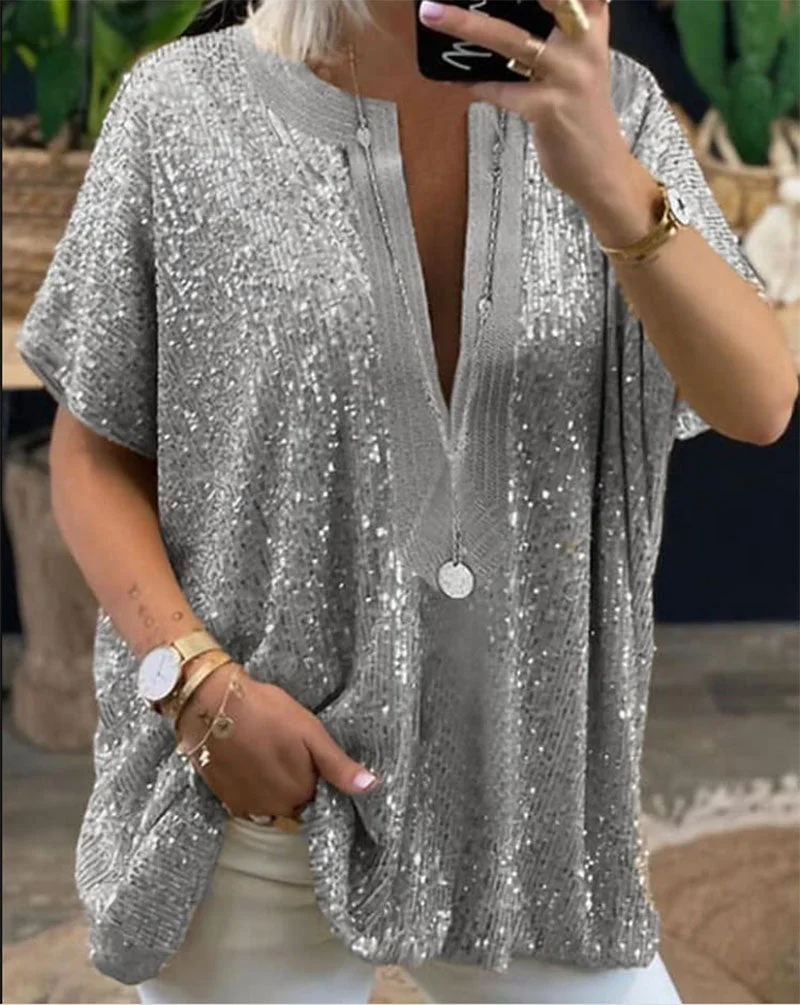 Uveng Sequins V-neck Sleeve Sequin Deep Blouses