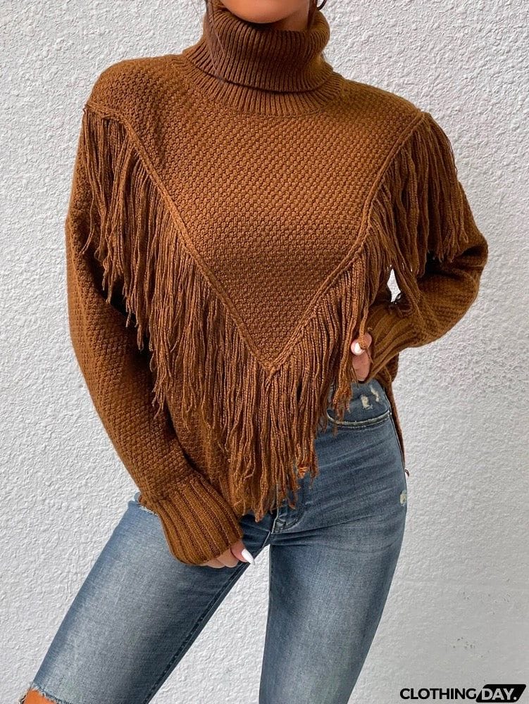 Stylish Long Sleeves Tasseled Split-Joint High-Neck Sweater Tops