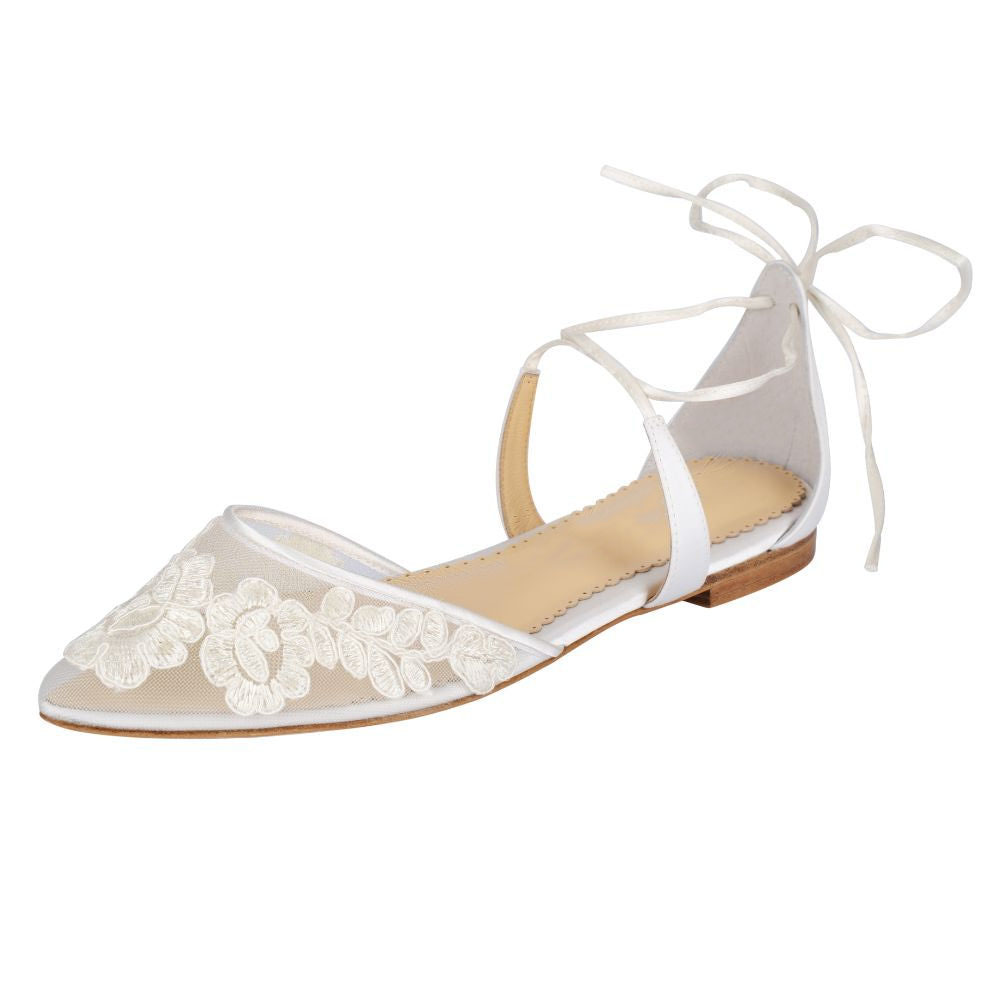 Ivory Mesh Pointed Toe Flat Lace Up Elegant Shoes Nicepairs