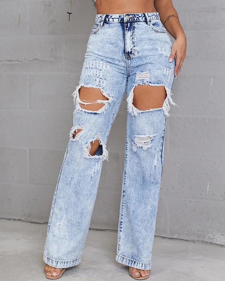 Thigh Distressed Straight Leg Jeans
