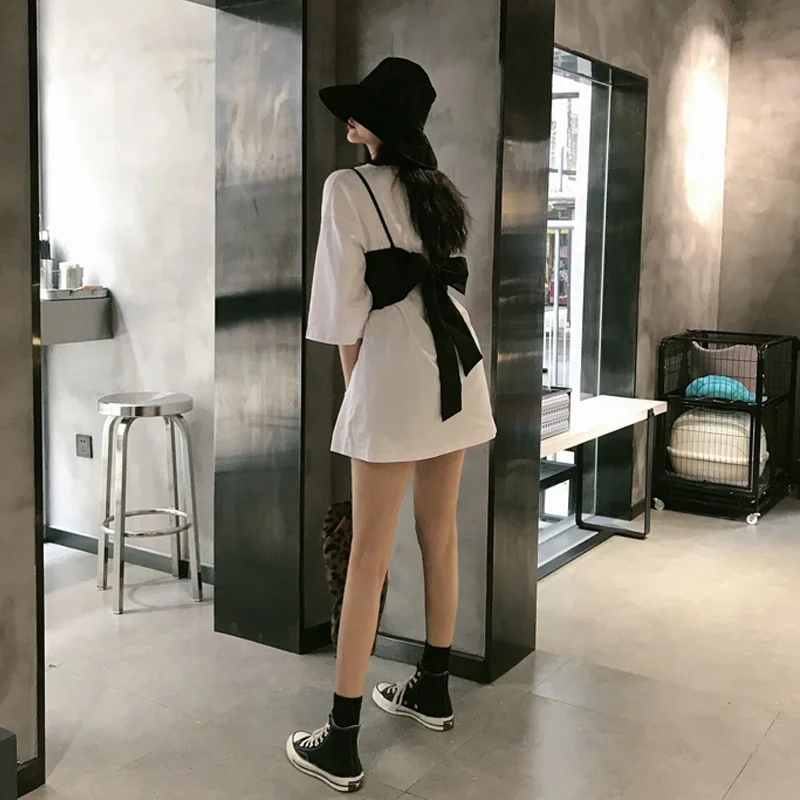 Tanguoant Women Sets White Loose Simple Long Tees Sexy Bow Solid Camis Girls Stylish Street-wear Fashion Korean-style Casual Ulzzang New