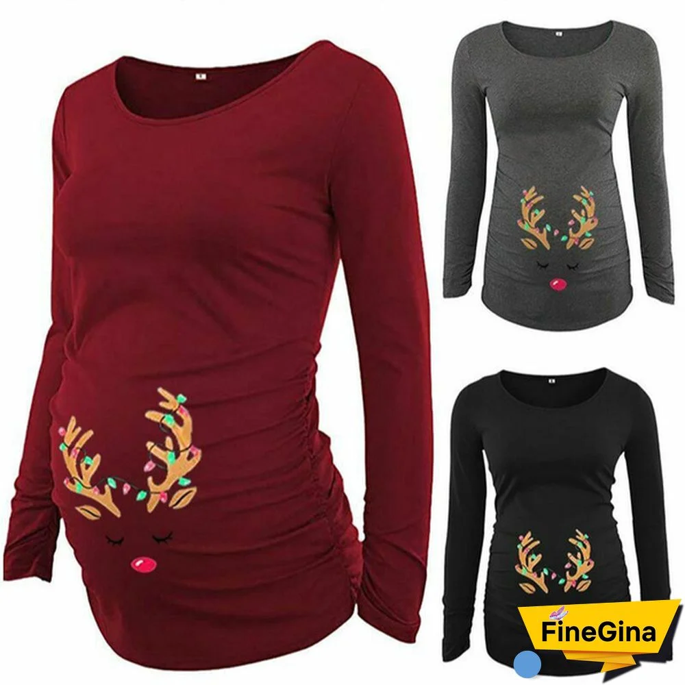 New Pregnancy Clothes Christmas Long Sleeve Antlers Print Side Ruched Maternity Top Nursing Tops