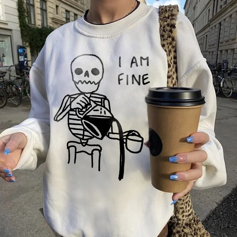 I'm Fine Skull Print Women's Crewneck Sweatshirt - Krazyskull