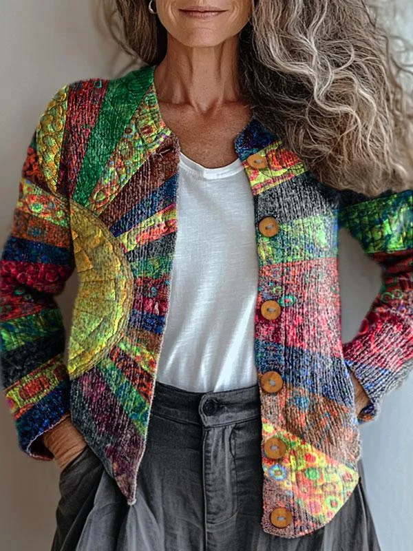 Colorful Quilted Landscape Art Print Buttoned Cardigan Sweater
