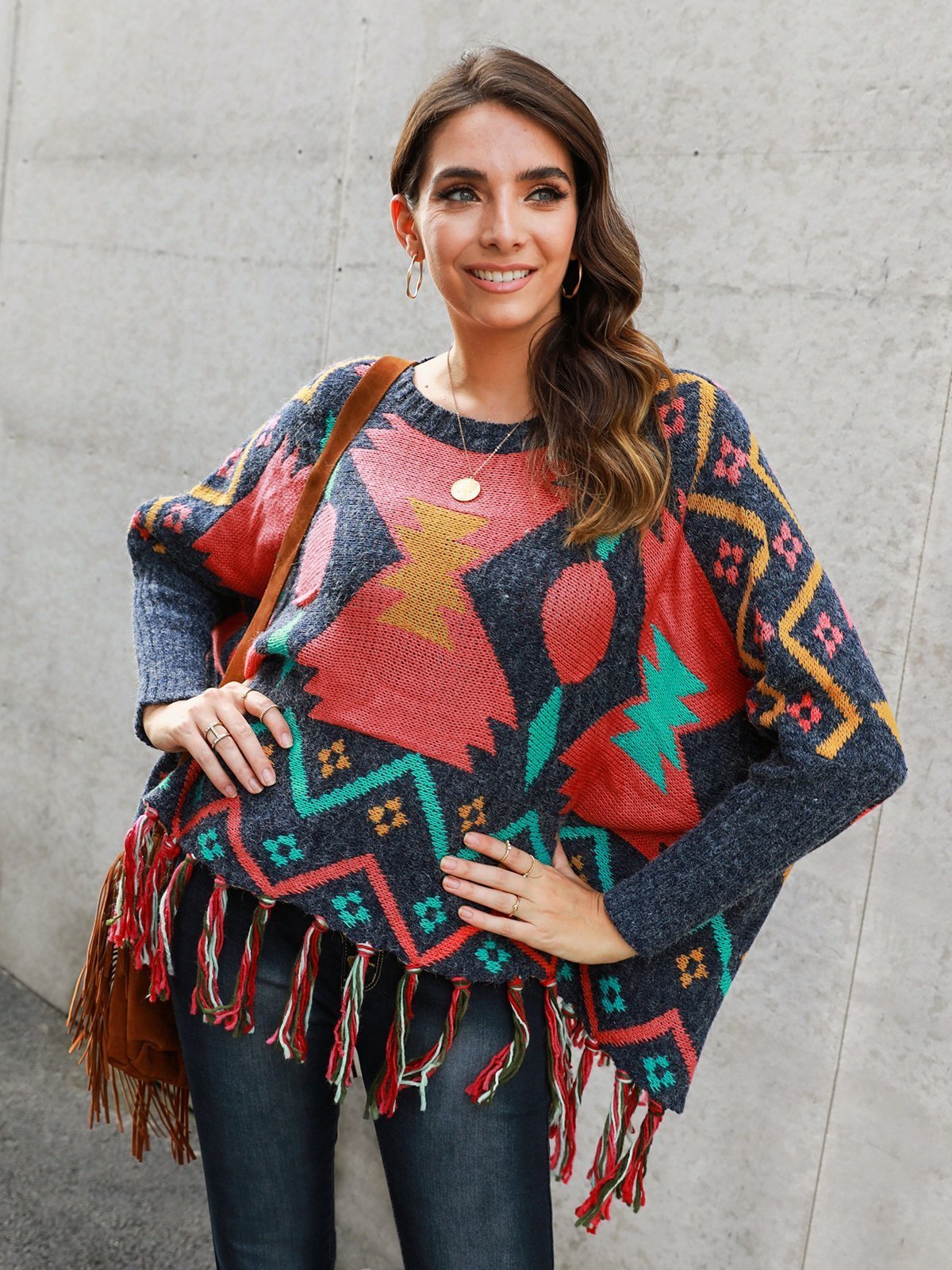 Multicolor Long Sleeve Tribal Fringed Cotton-Blend Sweaters